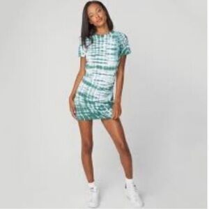 NWOT Monrow Tie Dye Shirred Mini T Shirt Dress SZ L green White